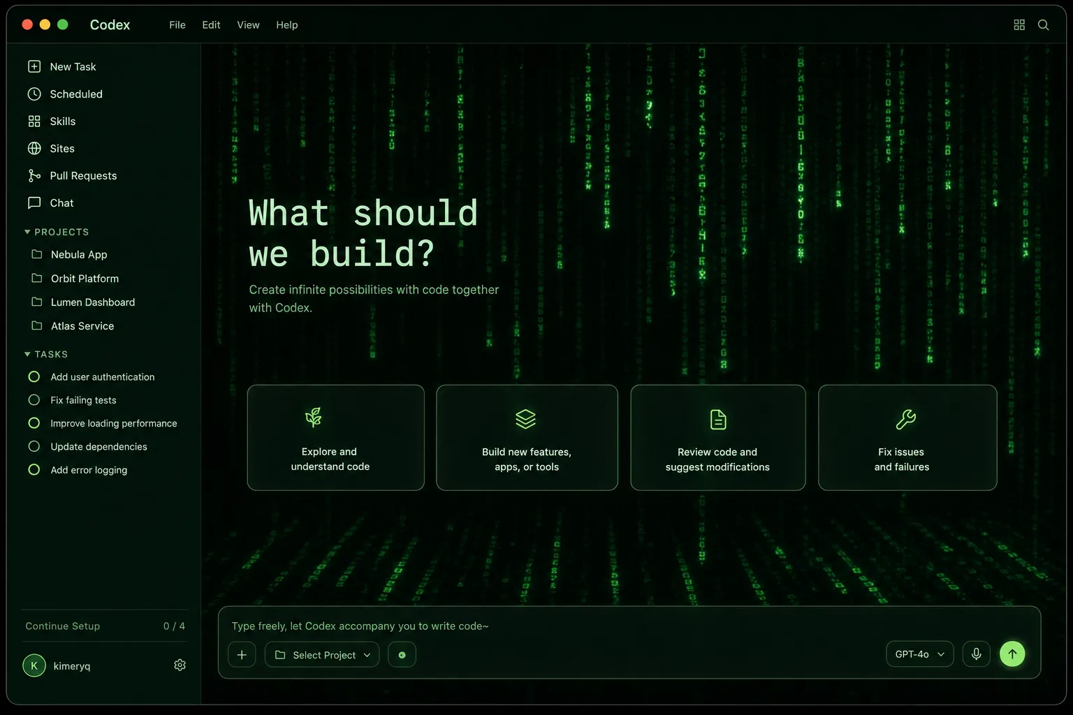 Matrix Hacker Green — Black terminal, falling phosphor-green code Codex skin